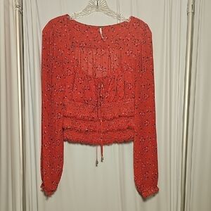 Free People Womens Tied Square Keyhole Neckline Red Floral Polyester Blouse M